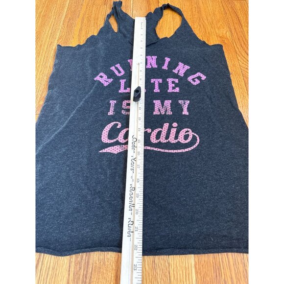 Running Late Is My Cardio Racerback Tank Top Charcoal Gray Pink Graphic Womens - Picture 3 of 4